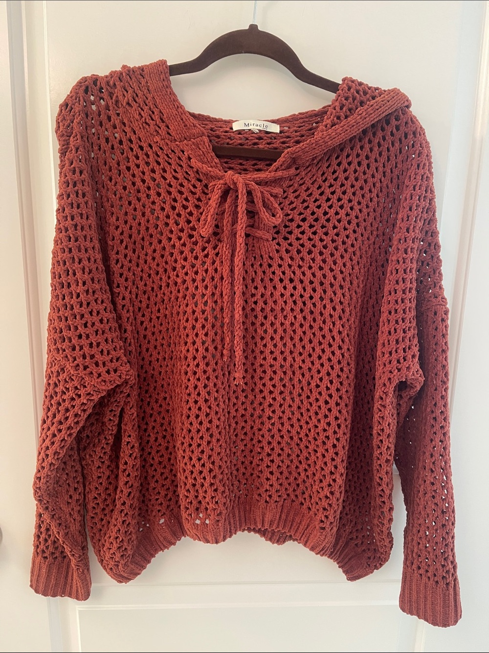Miracle Rust Open-Weave Chenille Tie-Neck Pullover